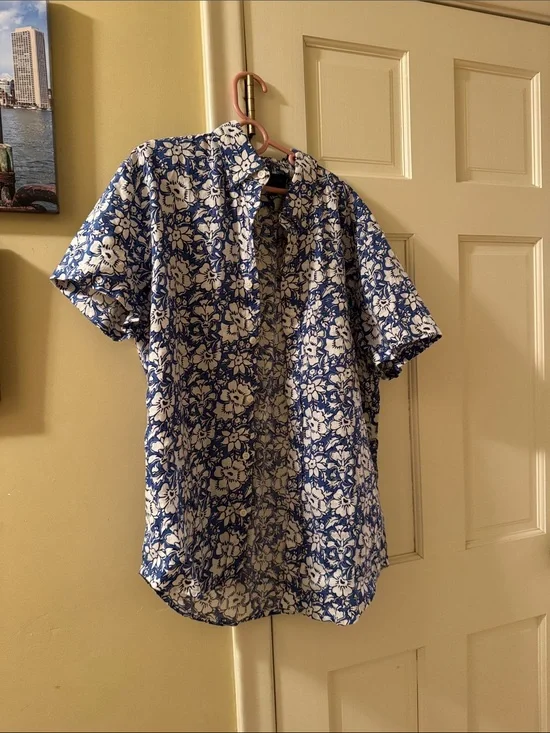 J. Crew Blue and White Floral Short-Sleeve Button-Down Shirt