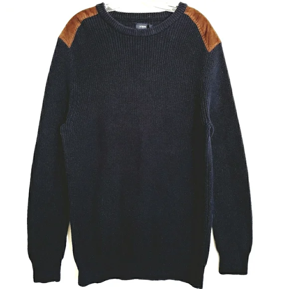 J.CREW Navy Longsleeve Ribbed Knit Sweater Faux Suede Patch Shoulders