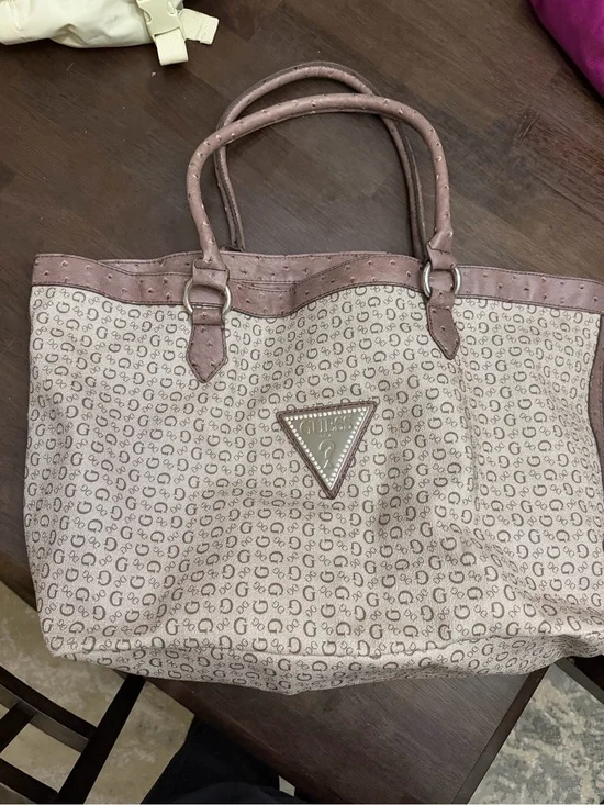 Guess Beige and Dusty Pink Logo-Print Tote