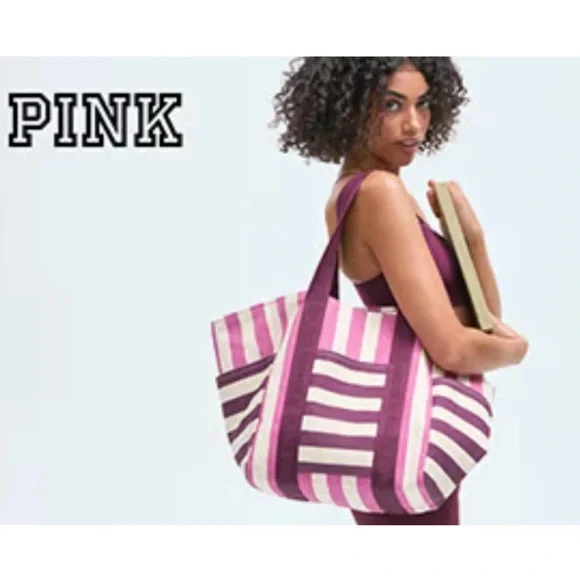 NEW Victoria’s Secret PINK Striped Large Tote Weekender Canvas Bag Limited Ed.