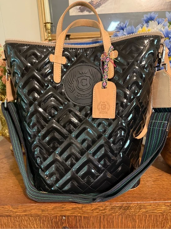 Consuela Inked Sling Black Quilted Patent Sling Tote with Tan Leather Trim