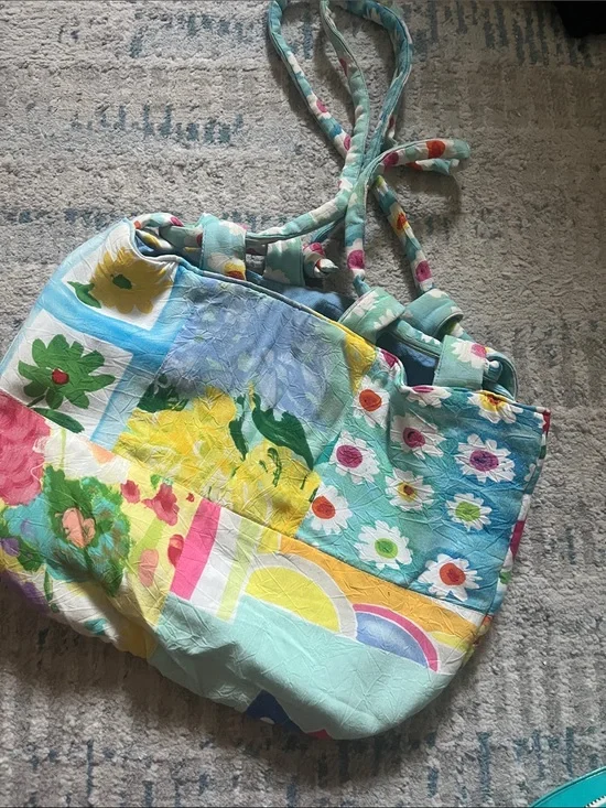 Jams World Multicolor Quilted Floral Patchwork Tote in Aqua & Yellow