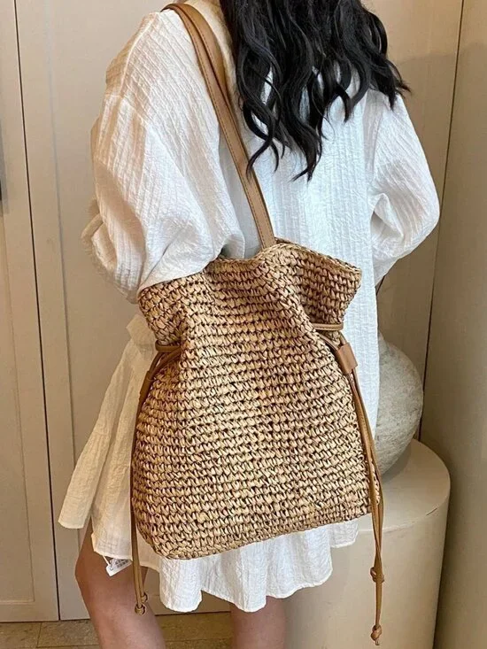 Khaki Casual Women's Straw Tote Bag – Large Capacity Holiday Travel Shoulder Bag