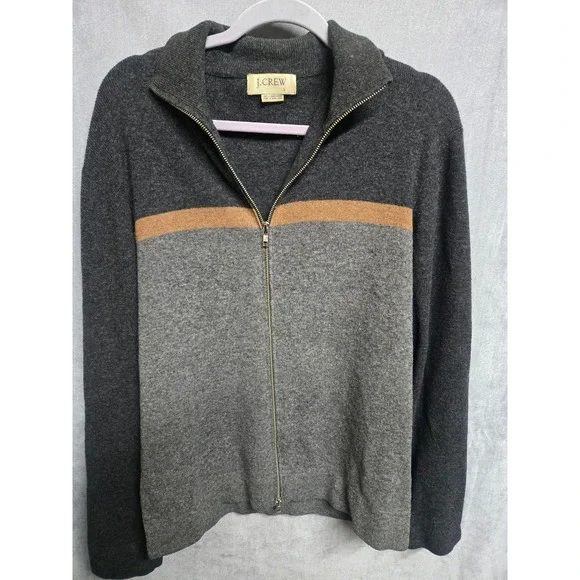 J. Crew Mens Full Zip Lambswool Sweater Gray Colorblock Mock Neck Large