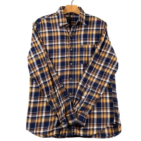 J Crew‎ Flannel Long Sleeve Shirt Plaid Navy Gold Brown Mens Medium