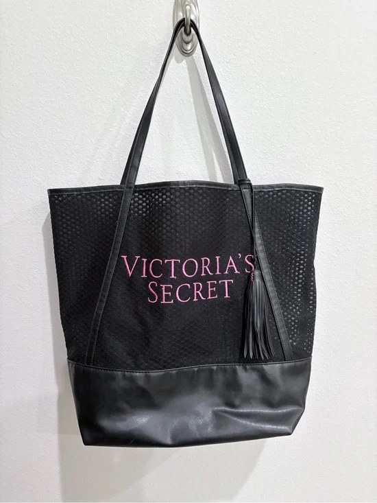 Victoria's Secret Limited Edition Black Mesh Tote Bag with Pink Logo & Tassel