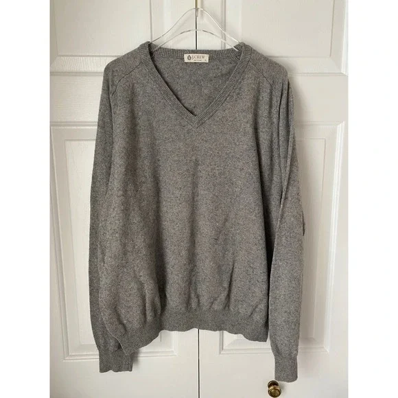 J Crew Men's Grey V Neck Long Sleeve Sweater Size L Cotton‎ Cashmere Blend