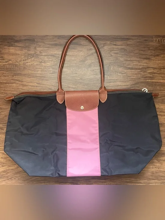 Longchamp Nylon Tote in Black with Pink Center Stripe and Brown Leather Strap