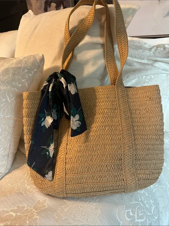 Draper James Beige Woven Straw Tote with Navy Floral Scarf