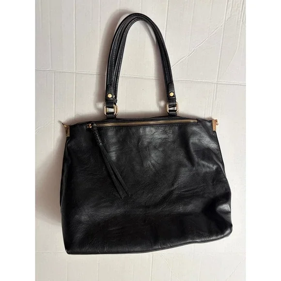 Black Faux Leather Tote Bag Gold‎ Hardware Zippered Shoulder Bag Work Travel