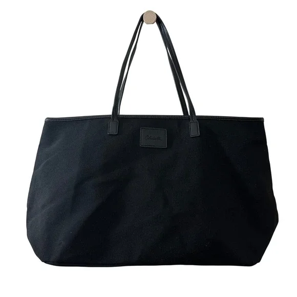 Cleobella‎ Black Canvas Tote Bag Oversized Zippered Carryall Logo Patch Womens