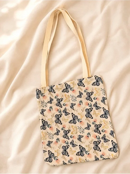 Butterfly Print Canvas Tote Bag in Cream