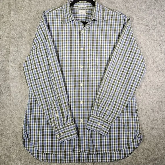 J Crew Mens Secret‎ Wash Blue Green Plaid 100's 2-Ply Button Up Casual Size L