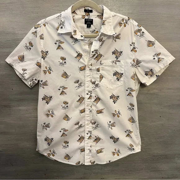 J. Crew Men’s Flex Washed Vintage Cocktail Print‎ Button Down Shirt Medium LN