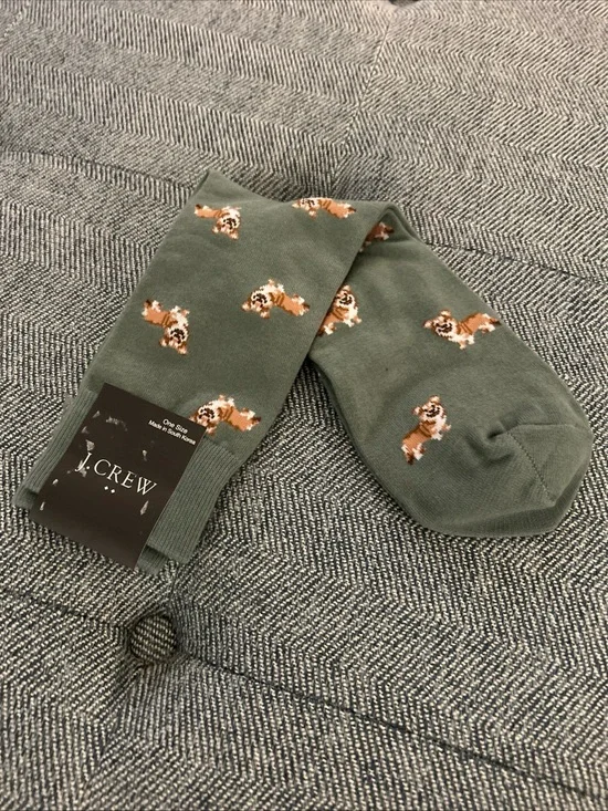 J CREW Socks One Size  Green Brown White Dogs Corgis- New