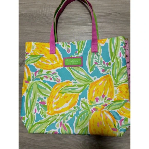 Lilly Pulitzer Estee‎ Lauder Canvas Tote Bag Lemon Print Blue Yellow Pink Floral