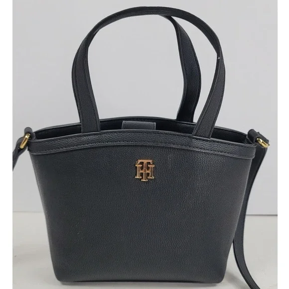 Tommy Hilfiger Pebbled Mini Tote Crossbody Bag Gold Monogram Logo Accessory