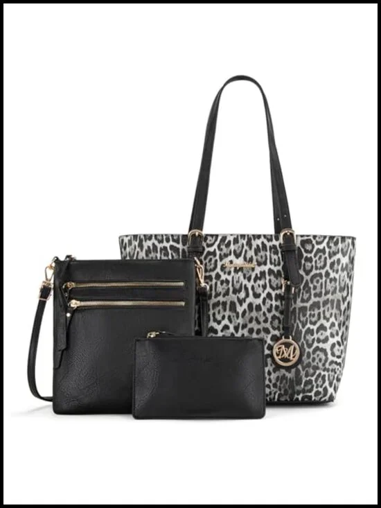 3-Piece Leopard Print Faux Leather Tote Bag Set with Crossbody and Wristlet