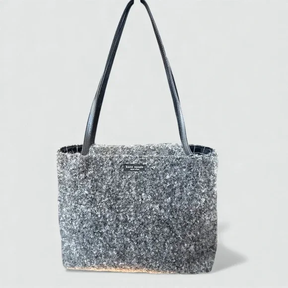 Kate Spade VTGE NewYork Textured Tote Bag Gray black Leather Straps Snap Closure