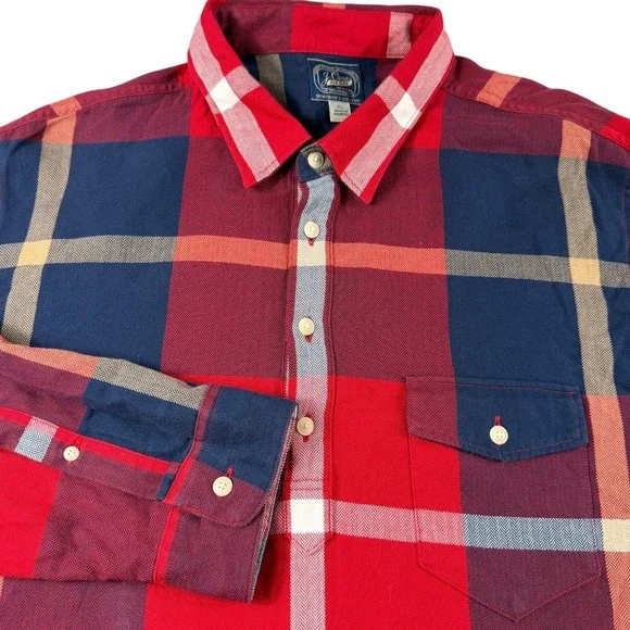 J. Crew Sportsman's Outfitter Men XL Red Navy Plaid Herringbone Popover Shirt