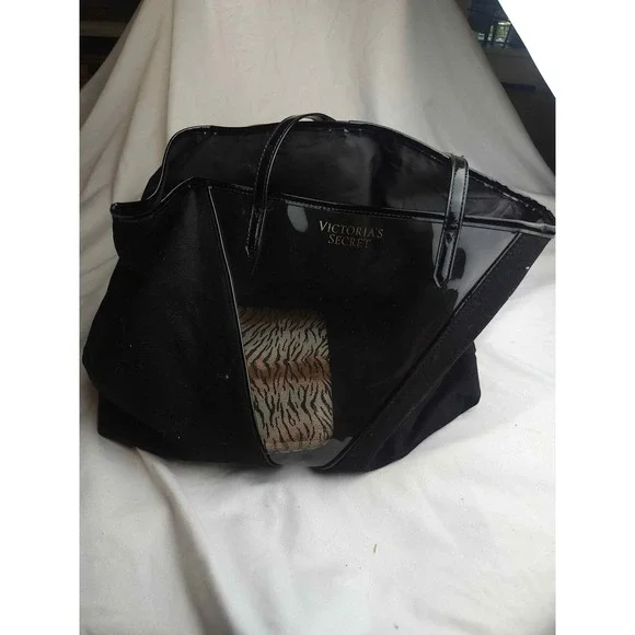 Victoria's Secret Black Canvas Clear Tote Bag with Tiger Print Pouch Set