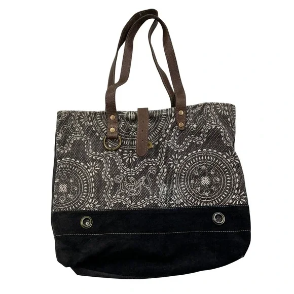 Myra Bag Ancient Tote Handbag Large Canvas Leather Mandala Boho Bag READ