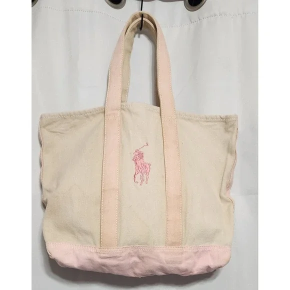 Polo Ralph Lauren Canvas Tote Bag Big Pony Embroidered Cream Pink Carryall