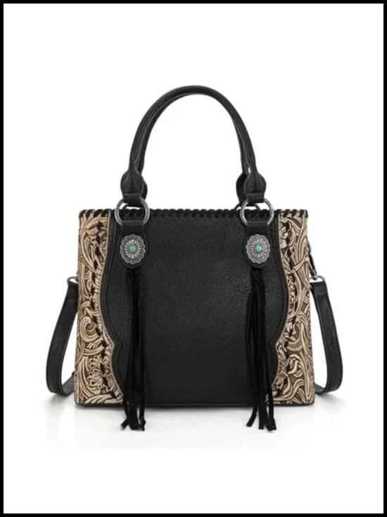 Vegan Leather Floral Tooled Concho Tote Bag with Detachable Strap and Tassels