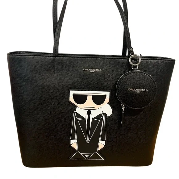 Karl Lagerfeld‎ Paris Tote Bag Black Leather Iconic Karlito Charm Coin Purse