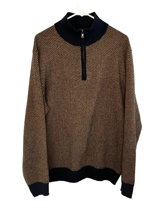 J.Crew Men’s 100% Cashmere 1/4 Zip Sweater • L • Navy Brown Herringbone