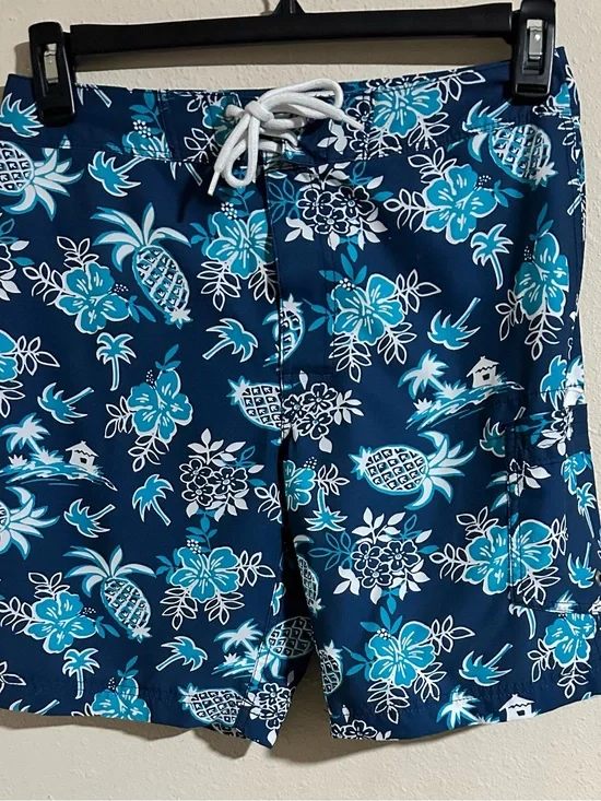 J. Crew Flex Swimwear Navy Blue Floral & Pineapple Swim Trunks