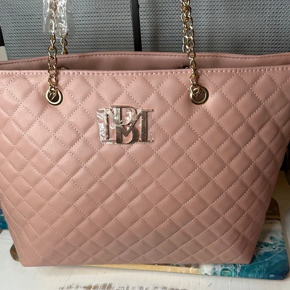 Badgley Mischka Pink Quilted Tote with Gold Chain Handles