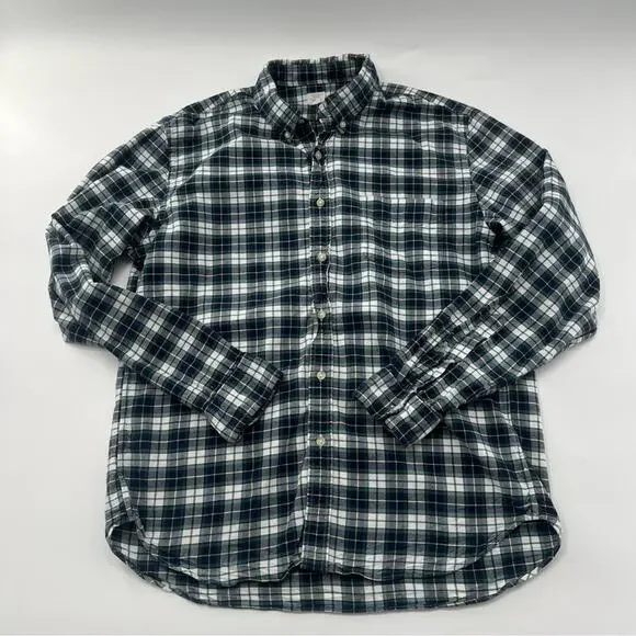J. Crew Men’s Vintage Oxford Button Down Plaid Navy Blue Green Shirt Long Sleeve