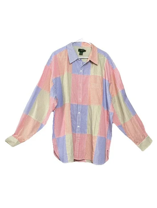 J Crew Patchwork Shirt Mens XXL Multicolor Stripe Button Down Long Sleeve Preppy