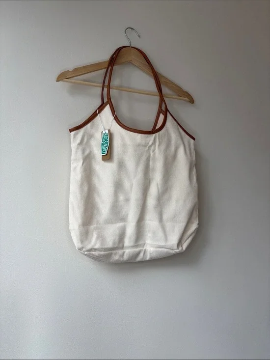 Unbranded Cream Canvas Tote Bag Brown Trim