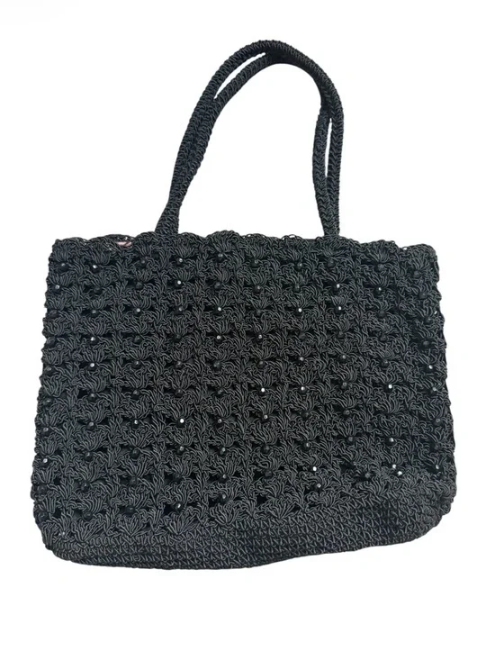 Arabella Vintage Black Beaded Crochet Cord Tote Bag Boho Glam Evening‎ Small