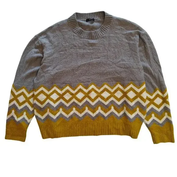 J.Crew Chevron Fair Isle Knit Sweater Gray Yellow Wool Blend Crewneck