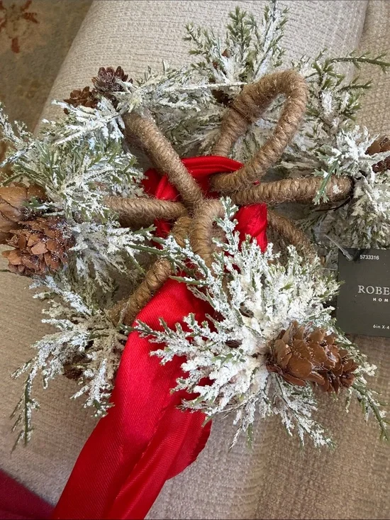 7- Red Pinecone and Snowy Green Holiday Wreath Accent napkin ring holder
