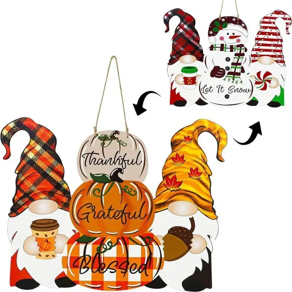 Reversible Fall/Christmas Decor - Thankful Pumpkin‎ & Let It Snow Door Hanger