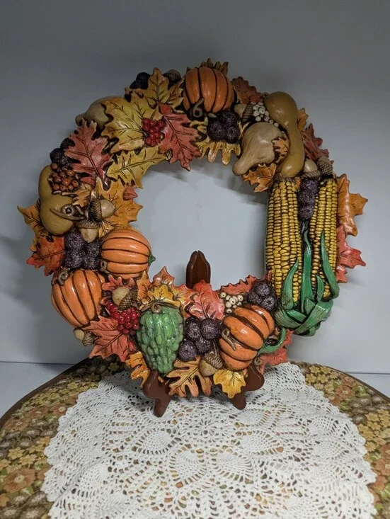 Vintage Ceramic Wreath Fall Decoration Autumn Colors Leaves Pumpkins Corn