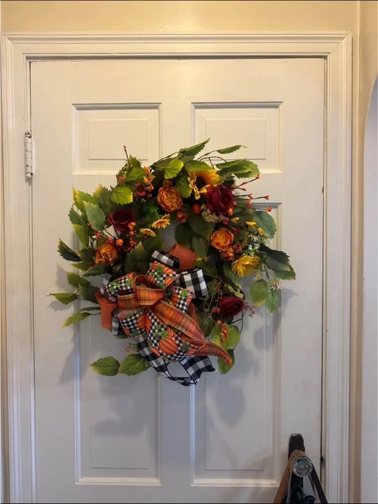 Autumn Harvest Door Wreath with Orange and Red Accents