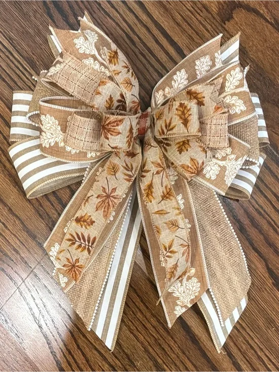 Neutral Burlap Autumn Leaf Decorative Bow - Home Holiday