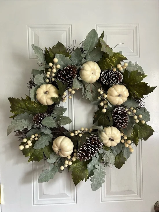 Autumn White Pumpkin & Pinecone Holiday Wreath