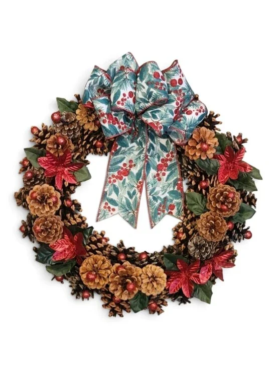 Handmade Rustic Red Poinsettia & Winter Greens Pinecone Wreath