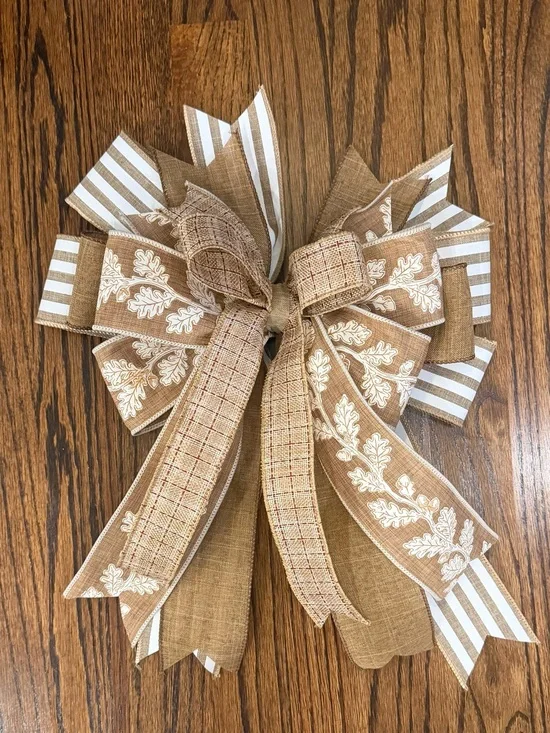 Neutral Burlap Holiday Bow with Ivory Leaf Accents by
