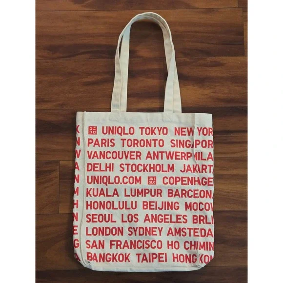 Uniqlo Global‎ Cities Graphic Canvas Tote Bag Off White Red Typography Shopper