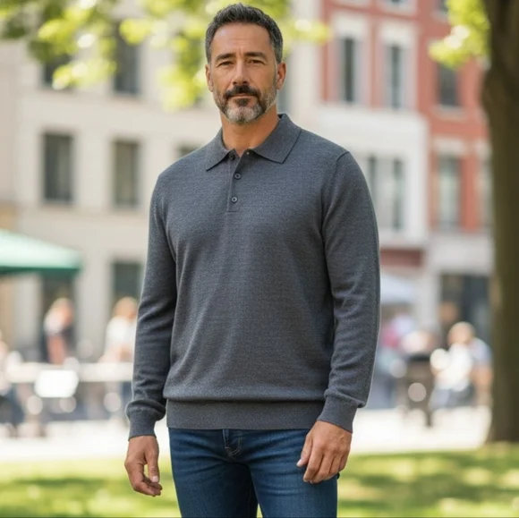 J. Crew Woll Blended  Men's Heathered Navy Gray Long Sleeve Polo