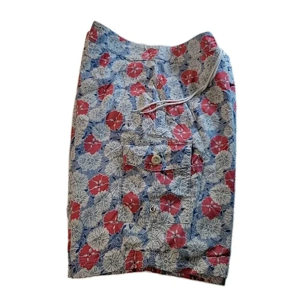 J Crew BLUE White Hawaiian FLORAL Mesh Lined  Swim Trunks‎ Mens SIZE 32