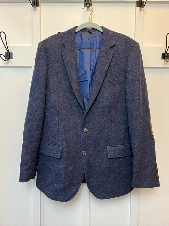 J. Crew Thompson Blazer Men’s Size 40 R Blue Elbow Patches Wool Blend Two-Button