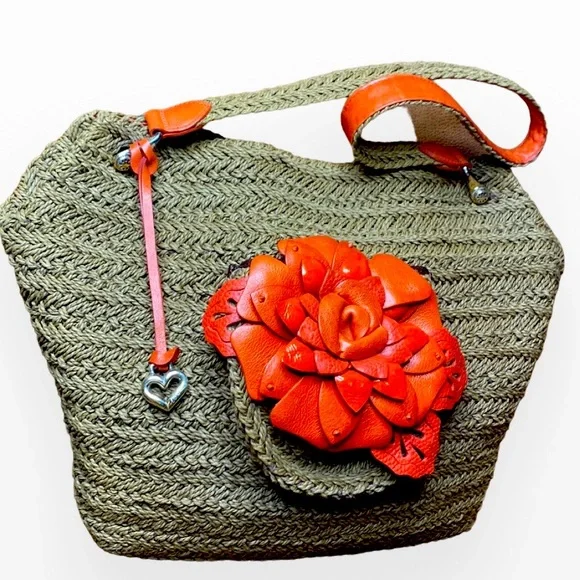 BRIGHTON JUTE AND ROSE CORAL LEATHER LARGE BAG